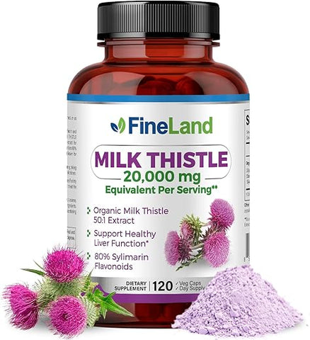Extrato de Cardo Mariano Silymarin FineLand 50:1, Força Máxima 20.000mg Eq Por Cápsula, Limpeza e Desintoxicação do Fígado, Suporte à Saúde Hepática, Antioxidante, 120 Cápsulas Vegetais, 4 Meses