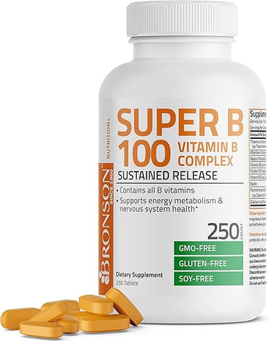 Super B 100 Complexo de Vitamina B de Liberação Sustentada Contém Todas as Vitaminas B (Vitamina B1, B2, B3, B6, B9 – Ácido Fólico, B12) Suporta o Metabolismo Energético – 100% Natural e Potente - Bronson