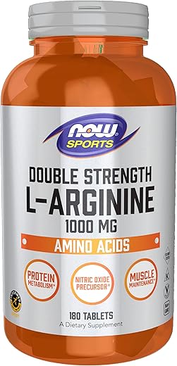Sports Nutrition L-Arginine Double Strength 1000mg – Precursor de Óxido Nítrico, Aminoácidos, 180 Tabletes - NOW Foods