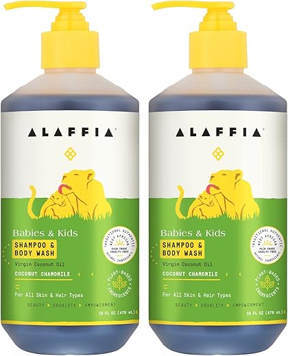 Shampoo e Sabonete Líquido para Bebês e Crianças, Suave e Calmante para Cabelos e Pele Macios com Yarrow e Camomila, Coco Camomila, 2 Unidades – 473 ml Cada - Alaffia