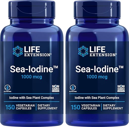 Sea Iodine 1000 mcg, 150 Cápsulas Vegetais (Pacote com 2) – Suplemento Natural de Iodo de Algas Marinhas e Fucus - Life Extension