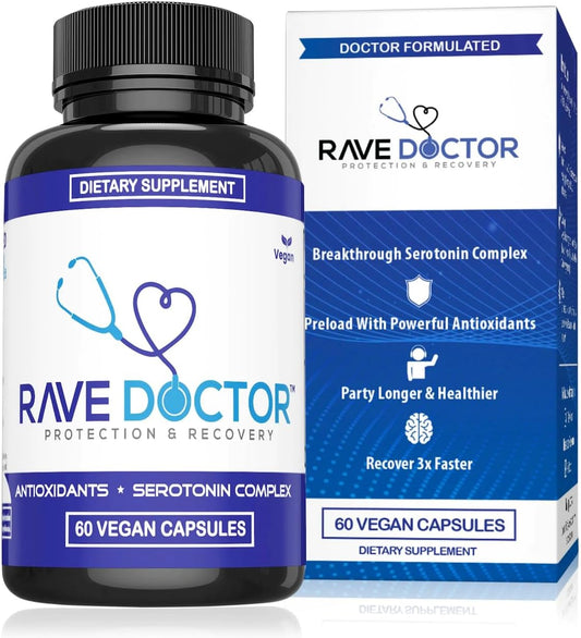 Suplemento Rave Doctor 5 HTP – Vitaminas Essenciais para Rave, Acessórios Rave, Essenciais para Festivais, Equipamentos para Festivais, Rave Essentials, Suplemento 5htp