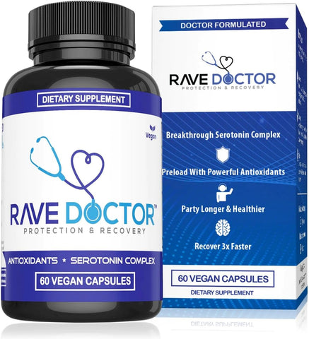 Suplemento Rave Doctor 5 HTP – Vitaminas Essenciais para Rave, Acessórios Rave, Essenciais para Festivais, Equipamentos para Festivais, Rave Essentials, Suplemento 5htp