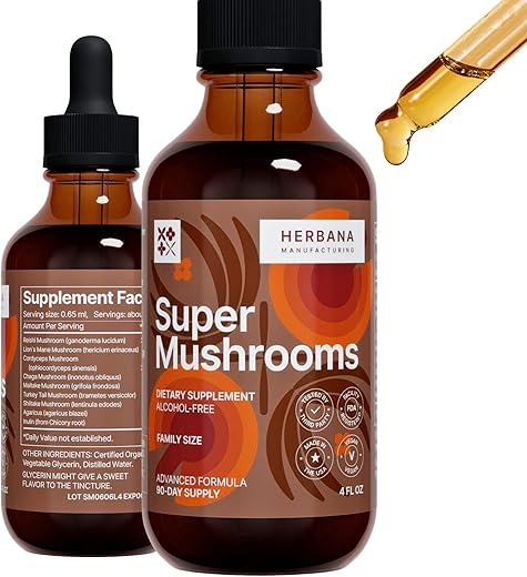 HERBANA MANUFACTURING - Super Mushrooms 8-em-1 – Extrato Líquido 120 ml – Impulsionador Cerebral