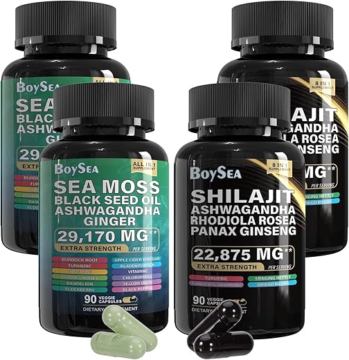 Pacote de Sea Moss e shilajit – 90 unidades – Sea Moss 7000mg, Óleo de Semente Preta 4000mg, Ashwagandha 2000mg, Gengibre – Marca Boysea - Boysea