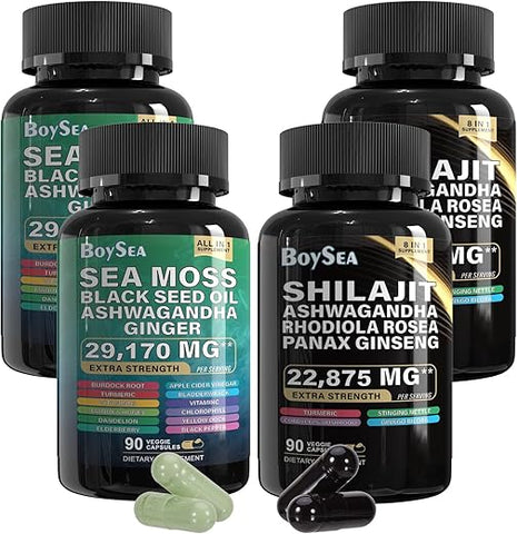 Pacote de Sea Moss e shilajit – 90 unidades – Sea Moss 7000mg, Óleo de Semente Preta 4000mg, Ashwagandha 2000mg, Gengibre – Marca Boysea - Boysea