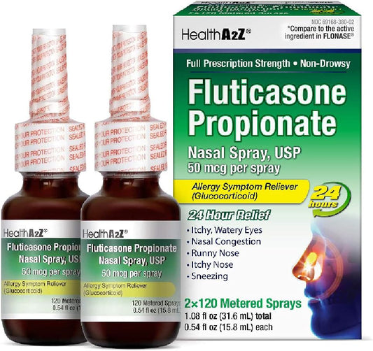 Spray Nasal de Propionato de Fluticasona | Alívio de Alergia | Coriza | Congestão Nasal | Espirros | Olhos Lacrimejantes e Coçando | Alívio de Alergia por 24 Horas | (2 Pacotes) - HealthA2Z