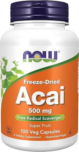 Suplementos, Açaí 500 mg, Fruta Supercongelada com Polifenóis, Ácido Elágico, Rutina, Antocianinas e Catequinas, 100 Cápsulas Vegetais - NOW Foods