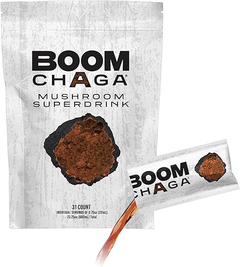 BOOM Chaga - Mushroom Superdrink: Concentrado Líquido com Antioxidantes para Anti-Inflamação e Reforço da Imunidade, Beta-Glucanos para Saúde Cardíaca, Livre de Oxalato, 31 Pacotes Individuais