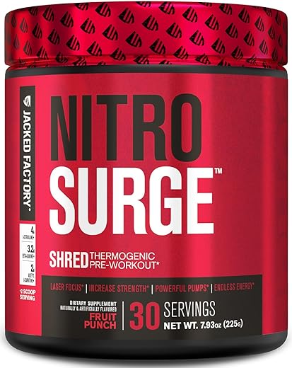 NITROSURGE Shred – Pré-treino Energético, Ganho Instantâneo de Força, Foco Afiado, Bombas Poderosas – Impulsionador de Óxido Nítrico - Jacked Factory