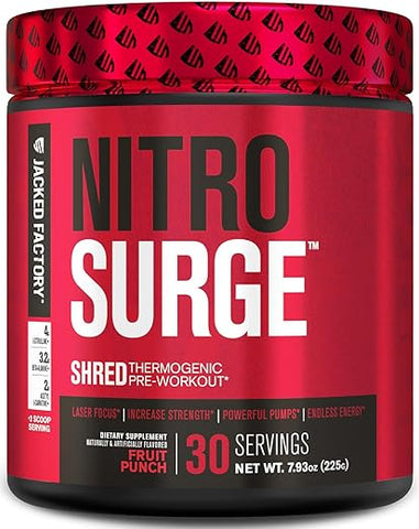 NITROSURGE Shred – Pré-treino Energético, Ganho Instantâneo de Força, Foco Afiado, Bombas Poderosas – Impulsionador de Óxido Nítrico - Jacked Factory