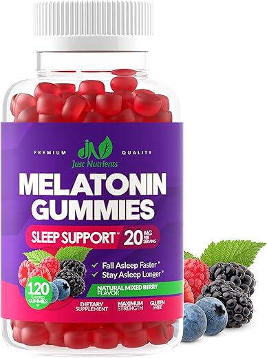 Just Nutrients - Melatonina 20mg Gummies para Adultos (120 Unidades) – Auxílio Máximo para o Sono com 10mg de Melatonina por Gummy – Sem Glúten, Não-OGM, Vegetariano, Sabor Delicioso de Frutas Vermelhas