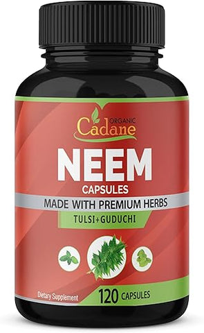 Organic Cadane - Suplemento de Folha de Neem Orgânico Cadane 2250 mg com Manjericão Sagrado Tulsi, Guduchi, 120 Cápsulas Vegetais | Suporta o Sistema Imunológico | Pó Puro Fresco de Folhas de Ervas