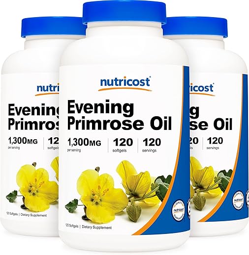 Óleo de Prímula Nutricost 1.300mg, 120 Cápsulas (3 Frascos) – Livre de Transgênicos, Sem Glúten, 120 Porções