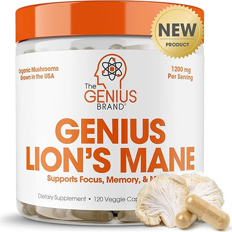 The Genius Brand - Genius Lions Mane – Suplemento Cápsulas Orgânicas, 1200mg por Porção – 120 Comprimidos Vegetais