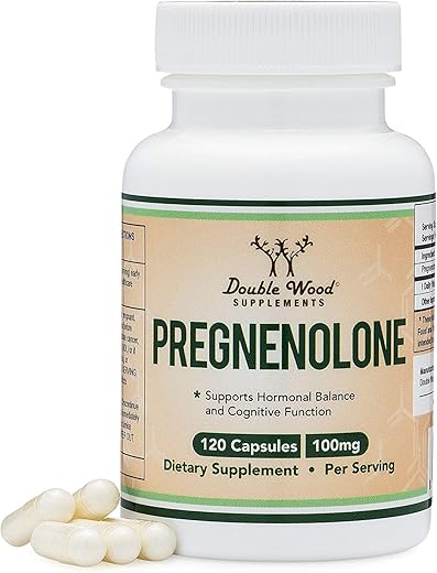 Double Wood Supplements - Pregnenolona 100mg por Porção (Convertida em Progesterona para Aumentar os Níveis de Progesterona) – Testada por Terceiros – 120 Cápsulas (50mg por Cápsula) Não-OGM por Double Wood