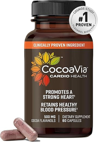 Suplemento de Saúde Cardiovascular, 30 Dias, 500mg Flavanóis de Cacau, Apoio à Saúde do Coração, Aumenta Óxido Nítrico, Circulação Sanguínea, Energia, Vegano, Chocolate Amargo, 60 Cápsulas - CocoaVia