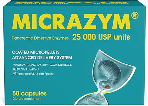 Micrazym - AVVA Pharmа Enzimas Pancreáticas – 25.000 USP Enzimas Digestivas Eficientes – Enzimas Digestivas para Digestão – 50 Cápsulas de Ação Rápida com Amilase, Lipase e Protease