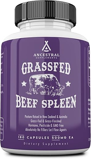 Suplemento de Baço Bovino Alimentado com Capim da Ancestral Supplements, Fórmula de Suporte de Órgão Bovino de 3000mg Promove Saúde Digestiva, Imunológica, de Ferro, Energia e Alergia, Não Transgênico, 180 Cápsulas