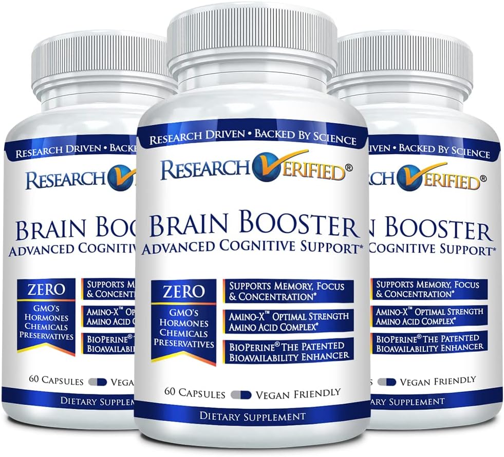 Research Verified - Brain Booster – Suplemento Nootrópico para Aumentar a Função Cognitiva – 180 Cápsulas Veganas Amigáveis – 3 Frascos