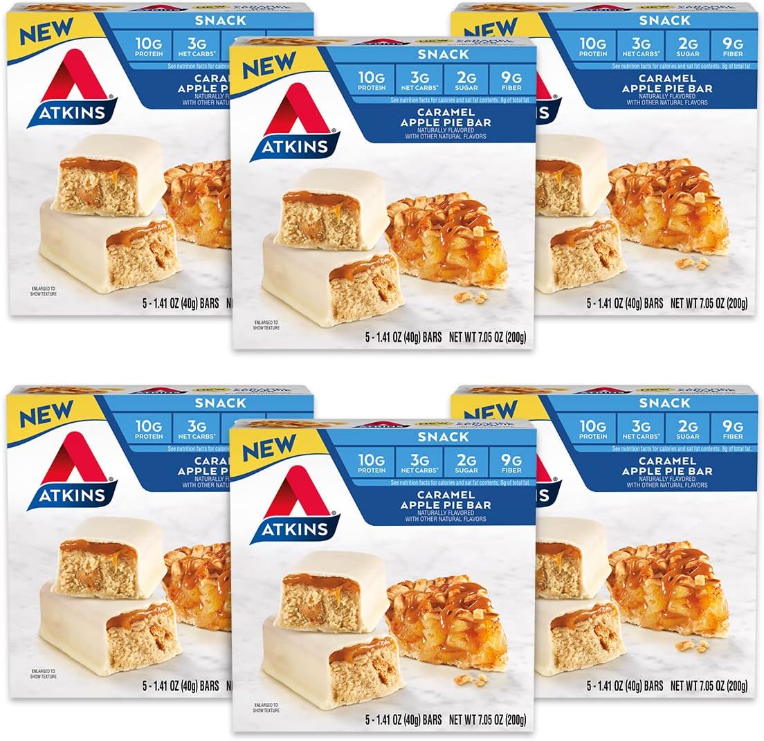 Barra de Snack Atkins, Torta de Maçã Caramelada, Sabor Natural, Rica em Proteínas e Fibras, Baixo Carboidrato, Baixo Açúcar (30 Barras)