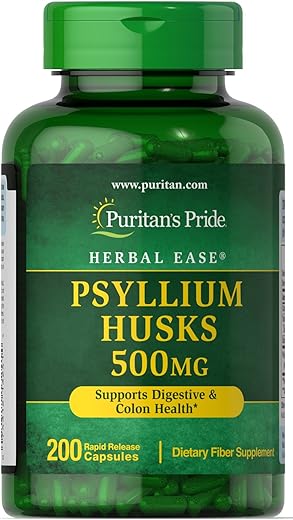 Puritan's Pride - Puritan’s Pride Psyllium Husks 500 mg – 200 Cápsulas | Fibra Natural para Saúde Digestiva
