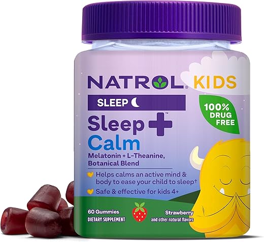 Kids Sleep Calm – Gomas de Melatonina e L-Teanina para um Sono Tranquilo e Calmante – 60 Gomas de Melatonina com Sabor de Morango – Fornecimento de 60 Dias - Natrol
