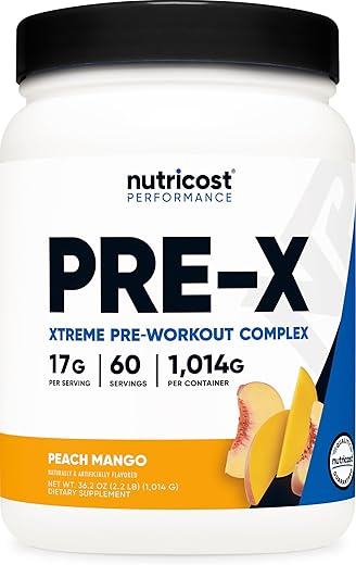 Pre-X Xtreme Pó Complexo Pré-Treino, Sabor Pêssego Manga, 60 Porções, Vegetariano, Não-OGM e Livre de Glúten - Nutricost
