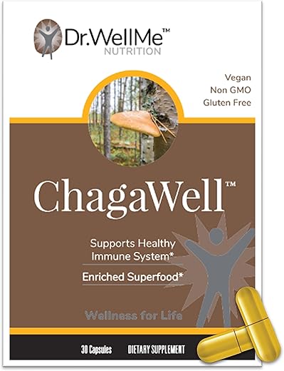 DR WELLME NUTRITION - ChagaWell™ 500mg Cápsulas de Cogumelo Chaga – Foco, Clareza Mental, Reforço Imunológico para Homens e Mulheres, Não-OGM
