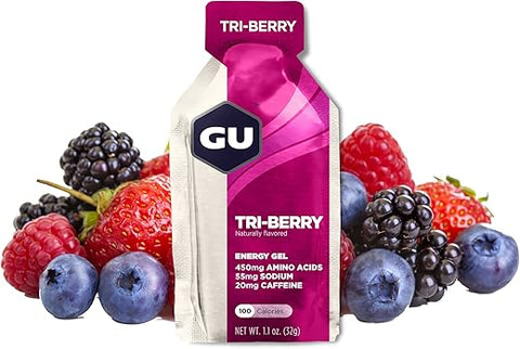 GU ENERGY GEL - GU Energy Gel Original: Energia Vegana, Sem Glúten, Kosher e Sem Laticínios para Qualquer Treino – 24 Unidades, Sabor Tri-Berry