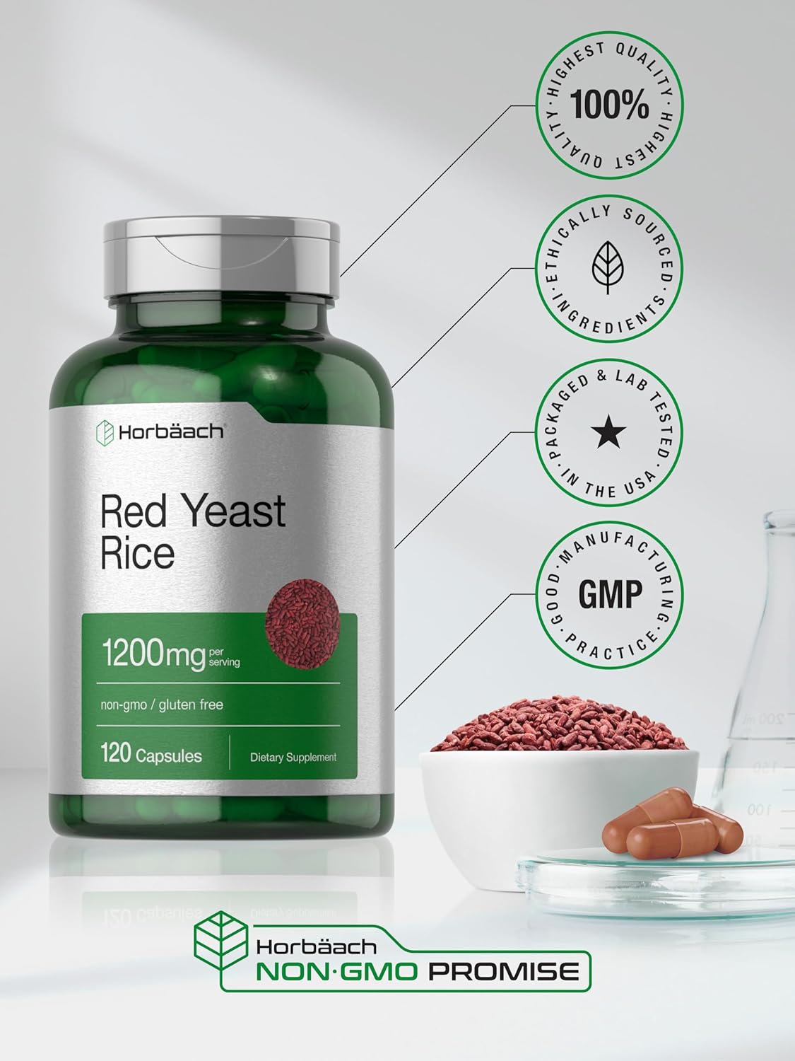 Horbäach Red Yeast Rice 1200 mg | 120 Capsules | Non-GMO, Gluten Free Supplement