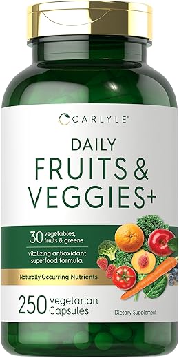 Suplemento de Frutas e Vegetais | 250 Cápsulas | Feito com 30 Frutas e Vegetais | Fórmula Vegetariana, Não-OGM, Livre de Glúten | Superfood - Carlyle