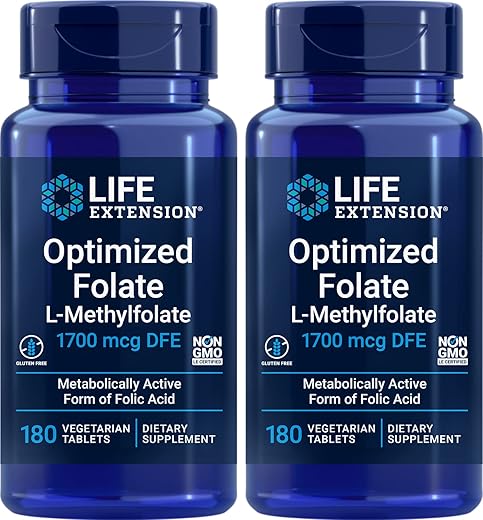 Folate Otimizado (L-Metilfolato) 1700 mcg DFE, 180 Comprimidos Vegetais (Pacote com 2) - Life Extension