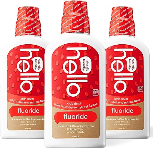 hello - Hello Kids Enxaguante Bucal de Morango Silvestre Natural – Vegan, Livre de Álcool e SLS – Crianças a partir de 2 anos – 16 Ounce (Pack com 3)