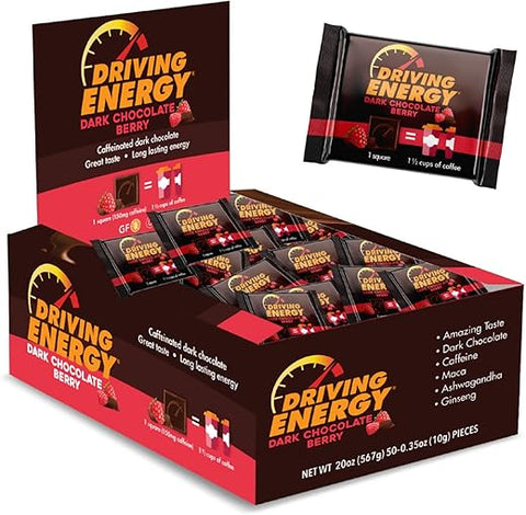 Energia Impulsionadora Chocolate Amargo com Frutas Vermelhas e Cafeína – Mordidas Energéticas de Chocolate Cafeinado – Lanche com Baixa Caloria, Kosher e Sem Glúten – 50 Unidades - ZenEvo