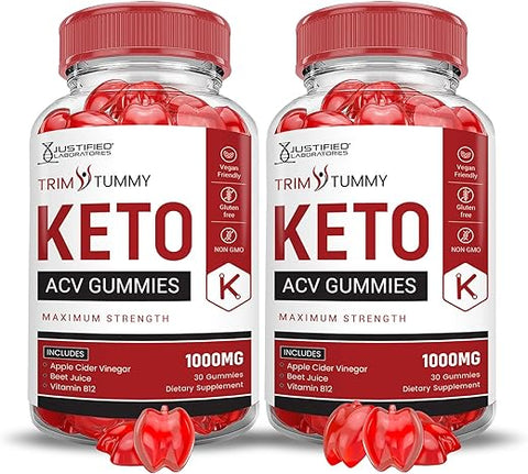 Justified Laboratories - (2 Pacotes) Gomas Trim Tummy Keto ACV Fórmula Avançada 1000MG Gomas Trim Tummy Keto Vinagre de Maçã Formulado com Romã e Beterraba em Pó B12 Vegano Não GMO 120 Gomas