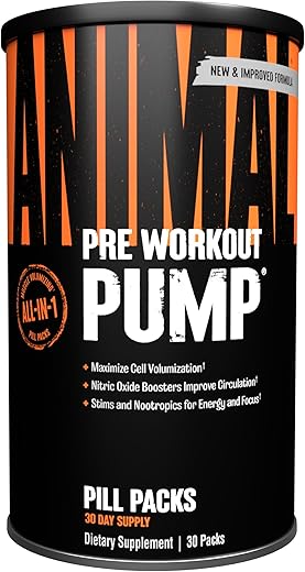 Pump – Pré-treino – Bombas Explosivas – Energia e Foco – Creatina – Óxido Nítrico – Comprimido Estimulante Fácil de Remover para Treinos a Qualquer Momento – 30 Unidades (Pacote de 1) - Animal