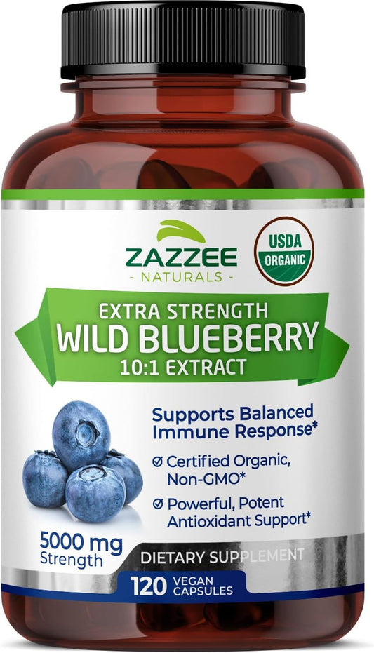Extrato Orgânico de Mirtilo Selvagem 10:1, 5000 mg, 120 Cápsulas Veganas, 4 Meses de Suprimento, Concentrado e Padronizado 10X, 100% Vegetariano - Zazzee