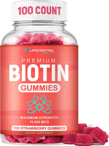 LifeCentric Health - Biotina Gummies para Crescimento Capilar | Biotina Max Strength 10000mcg Previne Afinamento e Queda | Gomas de Biotina Mastigáveis para Mulheres, Homens e Crianças | 100 Unidades Veganas de Gomas Capilares