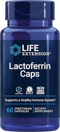 Lactoferrin Caps – Resposta Imune Saudável, Suporte GI, Saúde Visual – Sem Glúten, Não-OGM – 1-Diário, Vegetariano – 60 Cápsulas - Life Extension