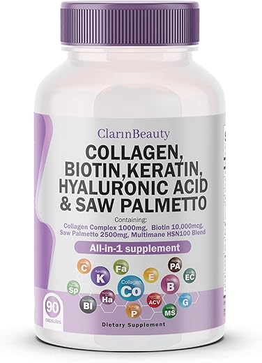 ClarinBeauty - Pílulas de Colágeno 100%% Natural 1000mg Biotina 10000mcg Queratina Saw Palmetto 2500mg Ácido Hialurônico