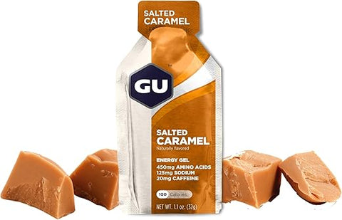 GU ENERGY GEL - GU Energy Gel Original – Energia Vegana, Sem Glúten, Kosher e Sem Laticínios para Qualquer Treino – 24 Unidades, Sabor Caramelo Salgado