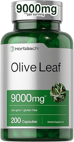 Cápsulas de Extrato de Folha de Oliveira 9000mg | 200 Unidades | Suplemento de Alta Potência | Livre de Transgênicos, Sem Glúten - Horbäach