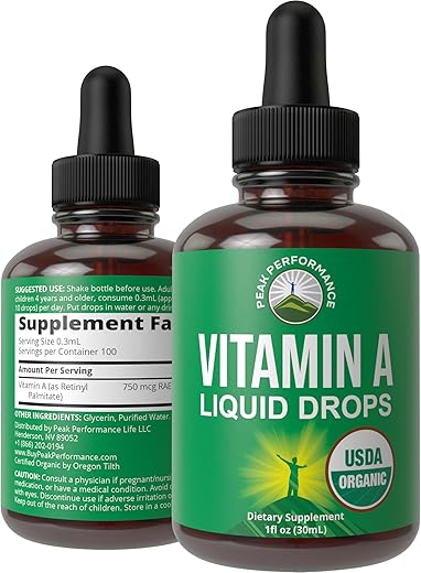 Peak Performance - Vitamina A Líquida Orgânica USDA. Vegan Alta Bioacessibilidade para Saúde dos Olhos, Pele e Ossos. Adultos, Homens, Mulheres, Crianças. Óleo de Vit A Orgânico Palmitato de Retinila