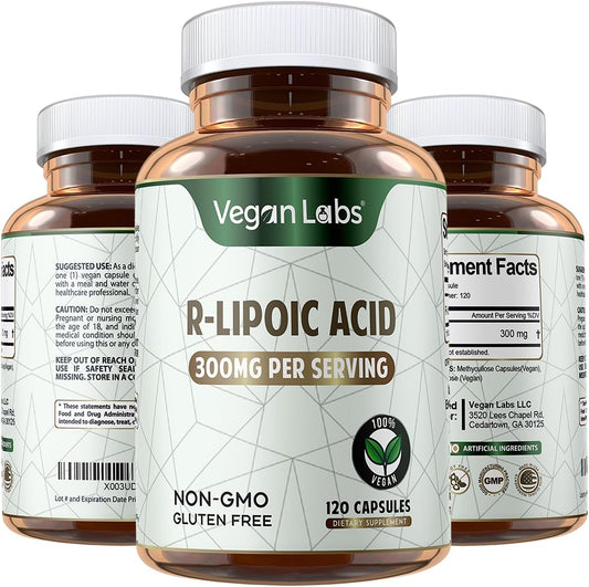 Ácido R-Lipoico 300MG, 120 Cápsulas Veganas – Suporte à Energia Celular e Proteção Antioxidante – Livre de Glúten, Não-OGM, Suplemento de R-ALA Estabilizado – Fornecimento de 4 Meses - Vegan Labs