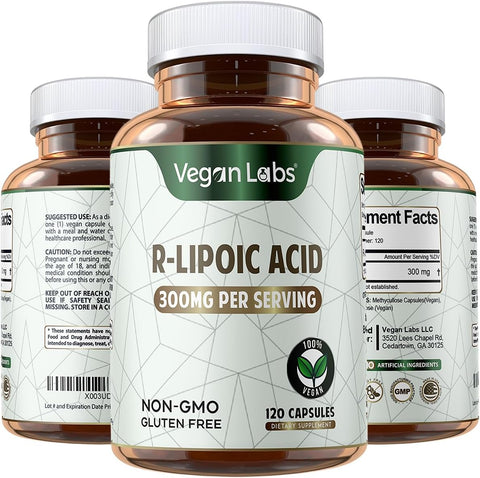 Ácido R-Lipoico 300MG, 120 Cápsulas Veganas – Suporte à Energia Celular e Proteção Antioxidante – Livre de Glúten, Não-OGM, Suplemento de R-ALA Estabilizado – Fornecimento de 4 Meses - Vegan Labs