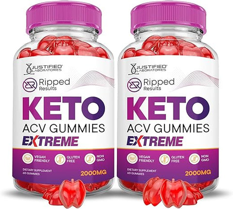 Justified Laboratories - (2 Pacotes) Gummies Extreme Ripped Results Keto ACV 2000MG – Gummies Ripped Results Keto de Vinagre de Maçã Formulados com Suco de Romã e Beterraba em Pó B12 Vegan Non GMO 120 Gummys