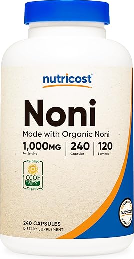 Cápsulas de Noni 500mg 240 Cápsulas – Certificado CCOF, Feito com Noni Orgânico, Livre de Transgênicos e Glúten - Nutricost