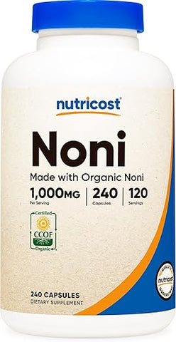 Cápsulas de Noni 500mg 240 Cápsulas – Certificado CCOF, Feito com Noni Orgânico, Livre de Transgênicos e Glúten - Nutricost