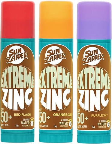 Protetor Solar Sun Zapper Extreme Zinc Stick Triplo – Vermelho, Laranja, Roxo FPS 50 Resistente à Água – 15g Cada